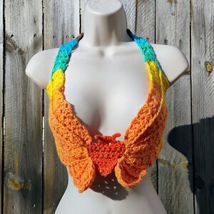 Handmade Crochet Butterfly Crop Top Boho Festival Halter Bralette Rainbow XS-XL